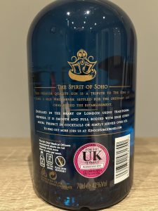 King of Soho gin back label